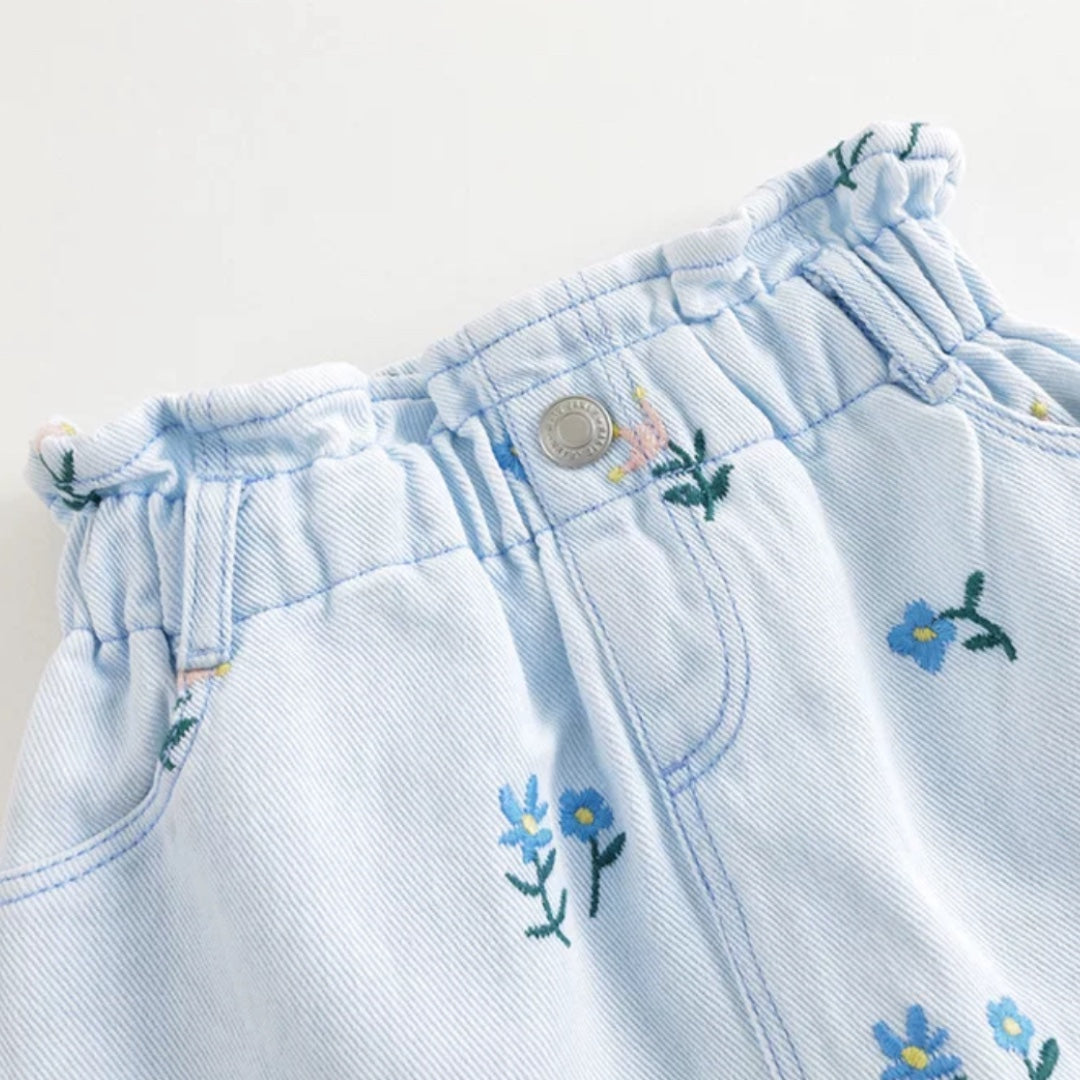 Floral Embroidered Denim Skirt